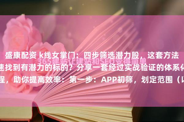 盛康配资 k线女掌门：四步筛选潜力股，这套方法亲测有效！想在股市中快速找到有潜力的标的？分享一套经过实战验证的体系化筛选流程，助你提高效率：第一步：APP初筛，划定范围（以主流工具为例）* 利用APP的智...